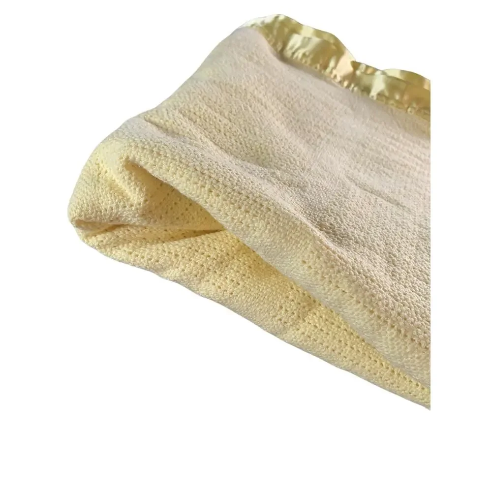 Vintage Yellow Thermal Waffle Weave‎ Satin Nylon Trim Baby Blanket 38x45